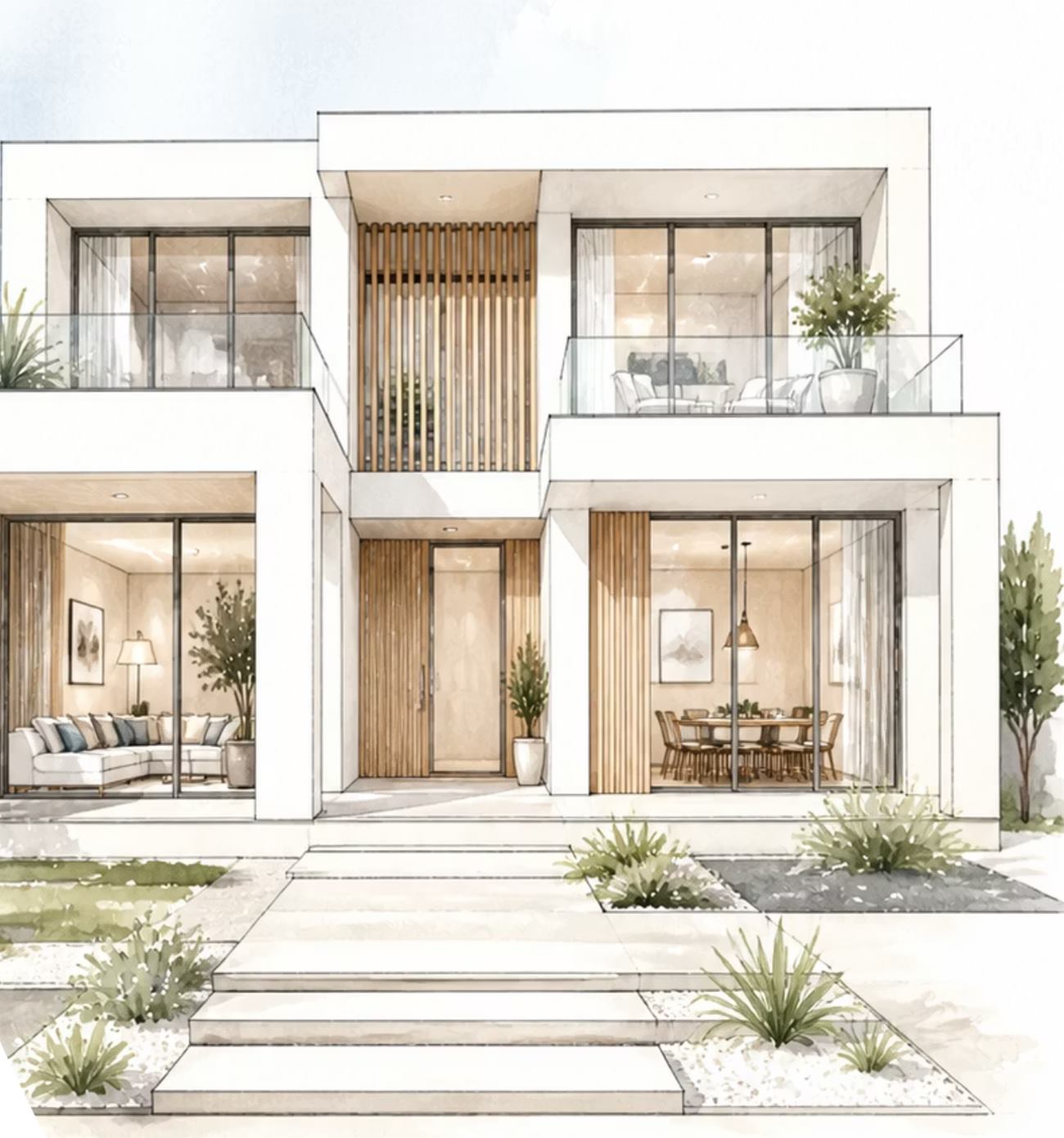Esquisse aquarellée d'une villa contemporaine à deux niveaux, façade blanche et bois