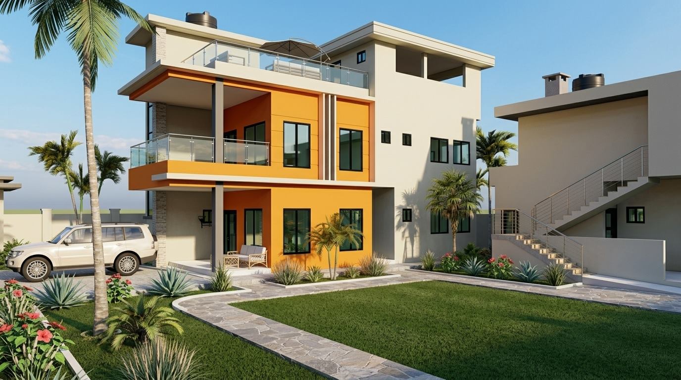 Rendu 3D de la Villa Orange : façade orange et blanche, balcons vitrés, jardin paysager